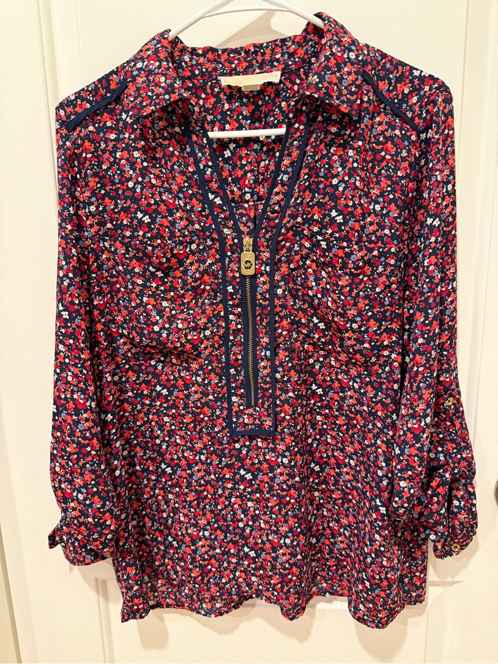 Michael Kors Red and Navy Floral Zip-Front Blouse